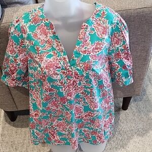 J. Crew Floral V-Neck Women's Top - Teal and Pink Size M
